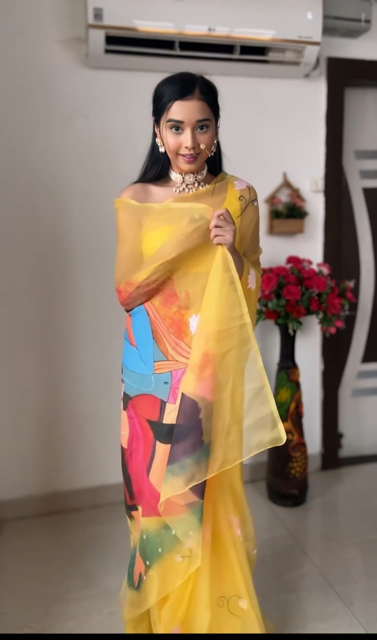 Versatile Yellow Organza Saree: One-Minute Wear, Perfect for Office, Parties, and More!