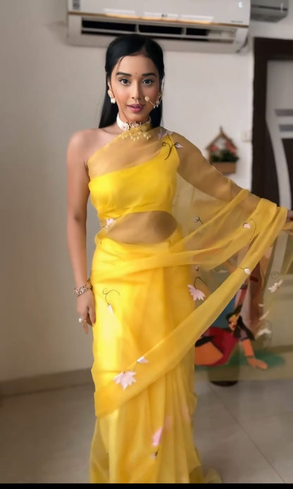 Versatile Yellow Organza Saree: One-Minute Wear, Perfect for Office, Parties, and More!