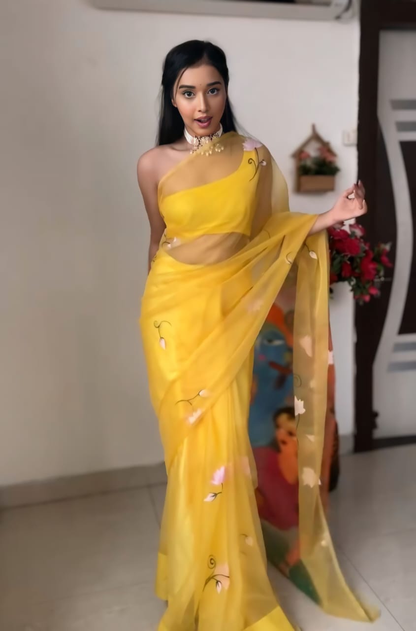 Versatile Yellow Organza Saree: One-Minute Wear, Perfect for Office, Parties, and More!