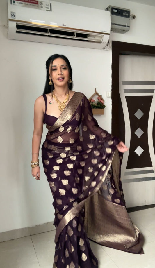 Quick and Stylish: Wine Color Cotton Saree for One-Minute Wear, Perfect for Busy Days