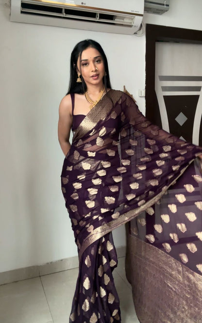 Quick and Stylish: Wine Color Cotton Saree for One-Minute Wear, Perfect for Busy Days