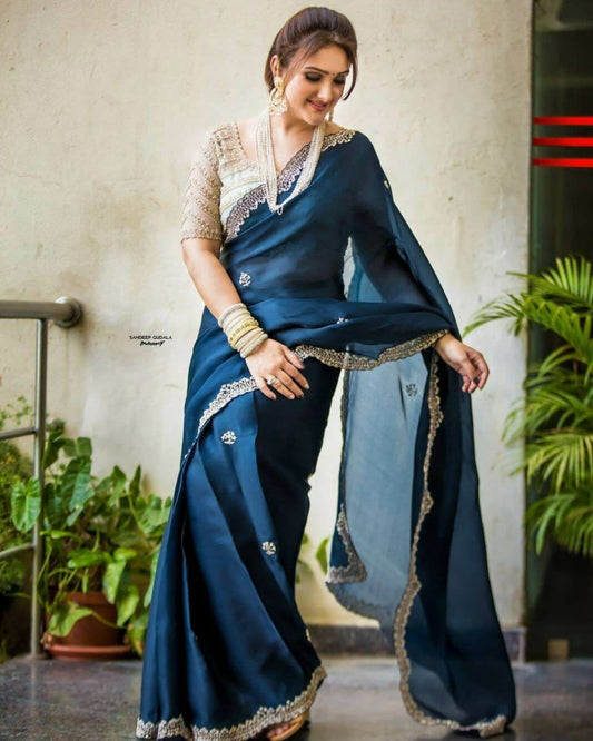 Trendy Blue Georgette Saree with Matching Border, Perfect Festive Wear