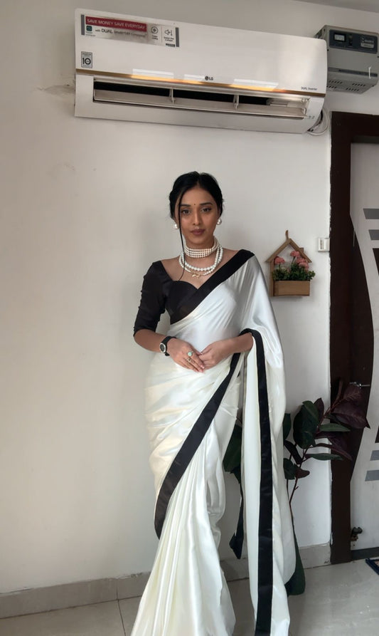 Quick and Stylish: White Color Satin Saree for One-Minute Wear, Perfect for Busy Days