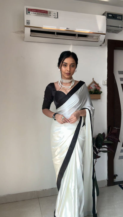 Quick and Stylish: White Color Satin Saree for One-Minute Wear, Perfect for Busy Days