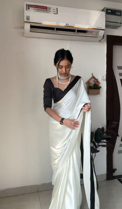 Quick and Stylish: White Color Satin Saree for One-Minute Wear, Perfect for Busy Days