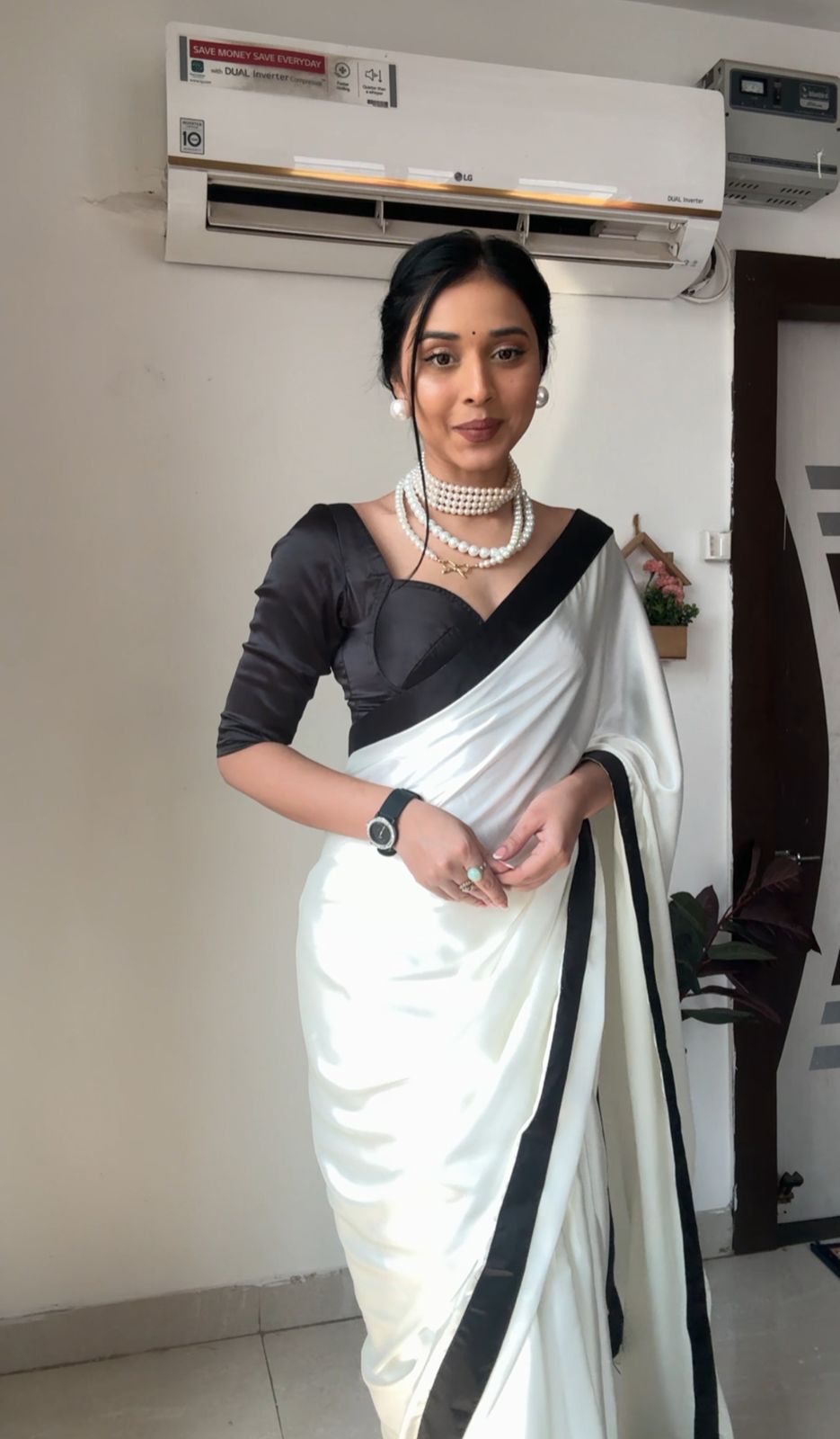 Quick and Stylish: White Color Satin Saree for One-Minute Wear, Perfect for Busy Days