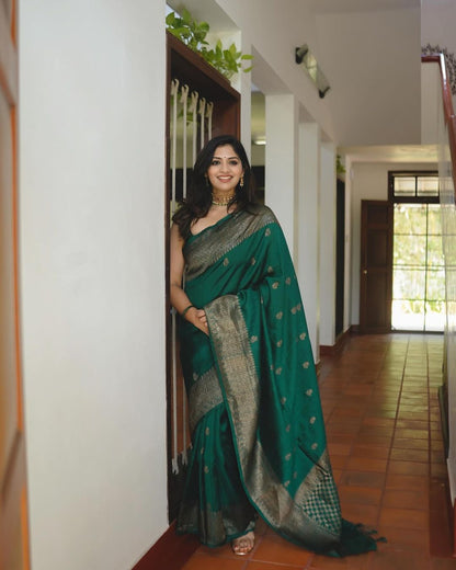 Stylish Green Color Soft Silk Kanjivaram Saree with Bold Matching Border Detail