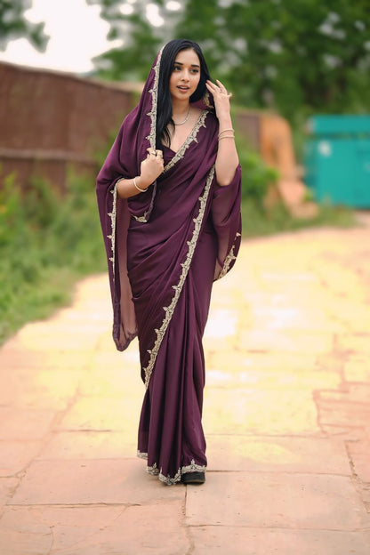 Glamorous Wine Color Rangoli Silk Saree Combo with Designer Stitched Blouse – Elevate Your Look!