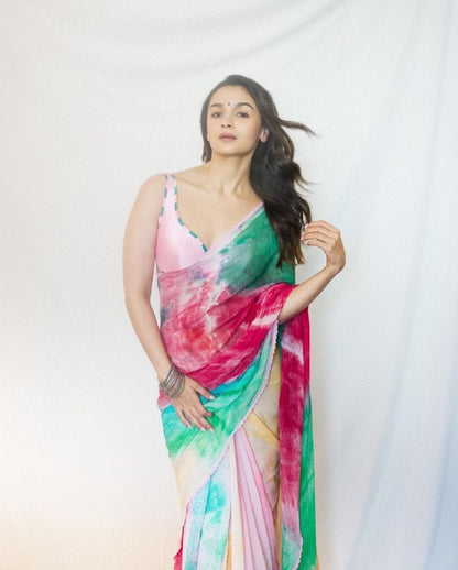 Vibrant Multi-Color Georgette Saree with Pre-Stitched Draping for Effortless Style