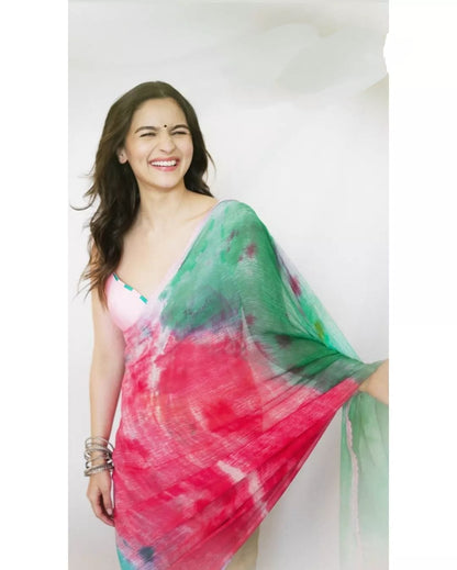 Vibrant Multi-Color Georgette Saree with Pre-Stitched Draping for Effortless Style