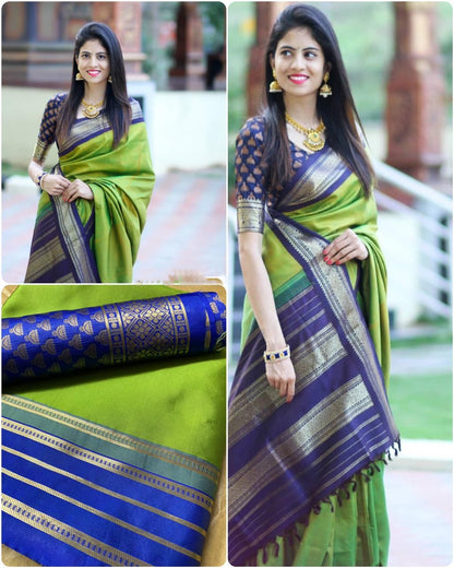 Parrot Green Kanjivaram Saree with Intricate All-Over Design and Matching Border