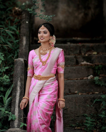 Deep Rose Pink Kanjivaram Silk Saree: Stunning Work with Matching Border Charm