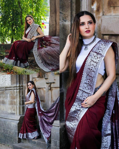 Stunning Maroon Color Kanjivaram Saree with Soft Silk Finish and Elegant Border