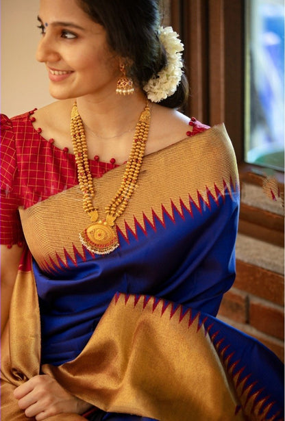 Graceful Elegance: Stunning Blue and Gold Silk Saree with Rich Details