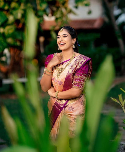 Traditional Peach Kanjivaram Silk Saree with Beautifully Matched Border Design