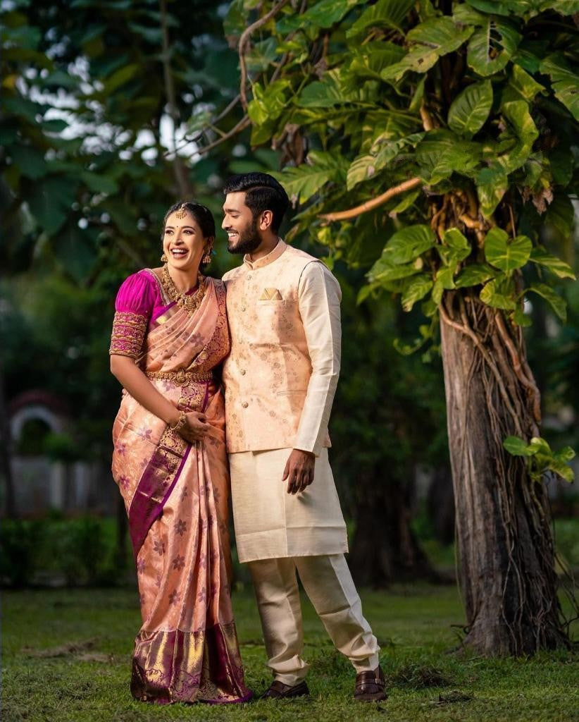 Traditional Peach Kanjivaram Silk Saree with Beautifully Matched Border Design