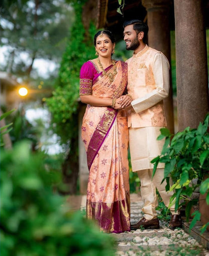 Traditional Peach Kanjivaram Silk Saree with Beautifully Matched Border Design