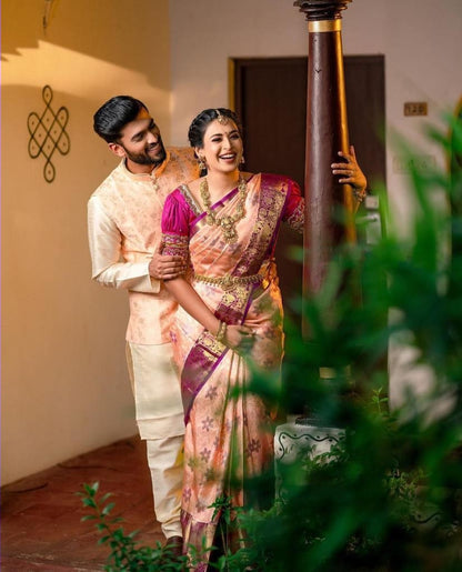 Traditional Peach Kanjivaram Silk Saree with Beautifully Matched Border Design