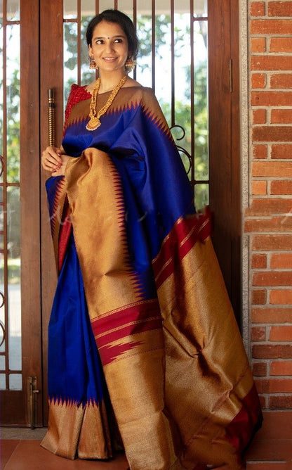 Graceful Elegance: Stunning Blue and Gold Silk Saree with Rich Details