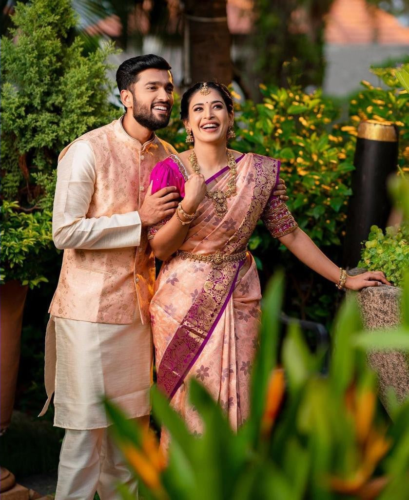 Traditional Peach Kanjivaram Silk Saree with Beautifully Matched Border Design