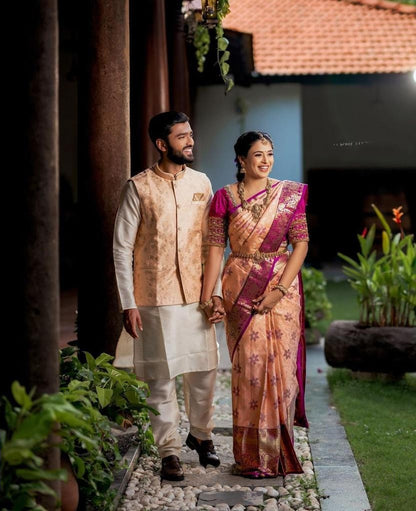 Traditional Peach Kanjivaram Silk Saree with Beautifully Matched Border Design