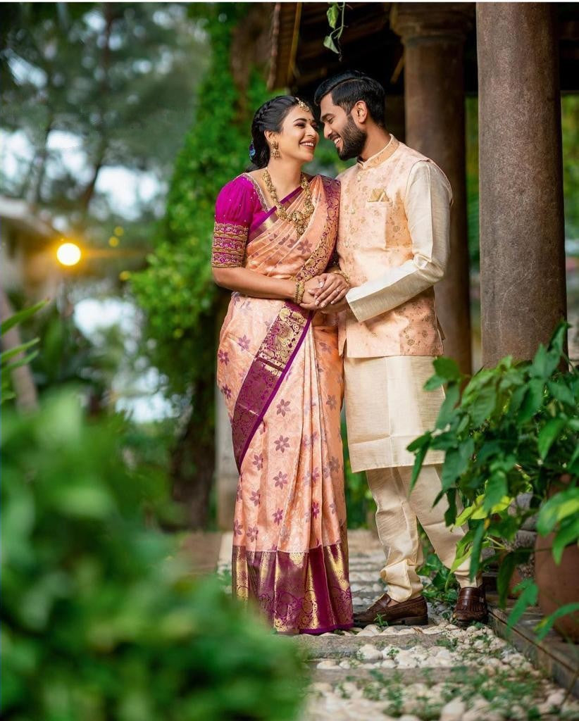 Traditional Peach Kanjivaram Silk Saree with Beautifully Matched Border Design