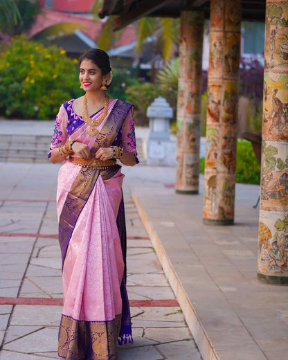 Mesmerizing Peacock Motif Pink Kanjivaram Silk Saree with Blue Matching Border