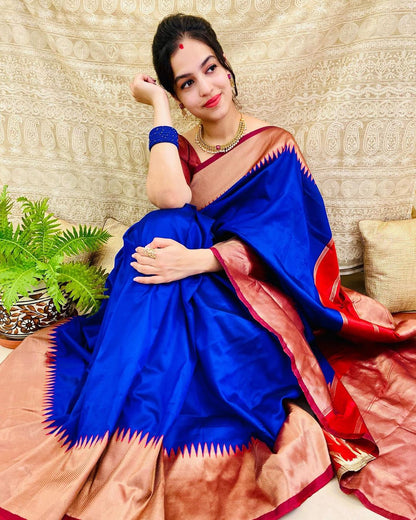 Graceful Elegance: Stunning Blue and Gold Silk Saree with Rich Details