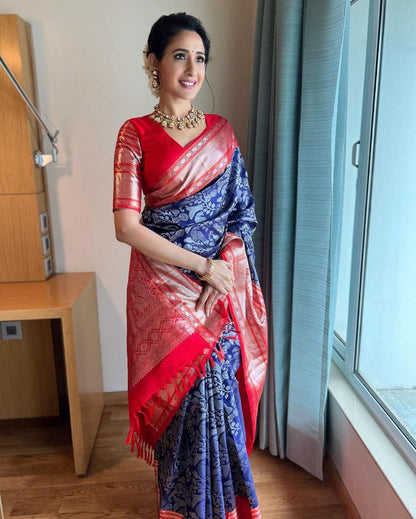 Heritage Beauty With Blue Kanjivaram Saree with Vibrant Red Accents