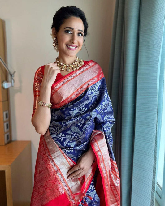 Heritage Beauty With Blue Kanjivaram Saree with Vibrant Red Accents