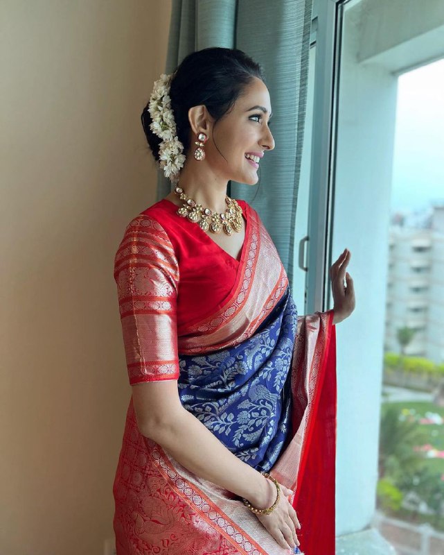 Heritage Beauty With Blue Kanjivaram Saree with Vibrant Red Accents