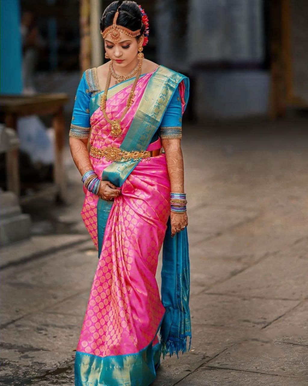 Glamorous Kanjivaram Silk Pink Saree with Elegant Border and All-over Pallu