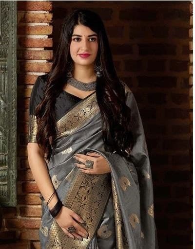 Graceful Grey Saree with Golden Zari Border for a Regal Look