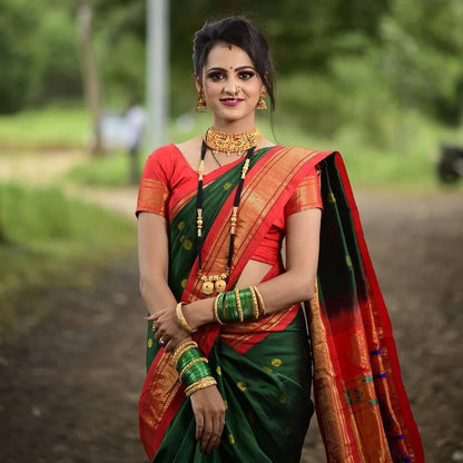 Vibrant Green Paithani Silk Saree with Elegant Golden Zari Accents