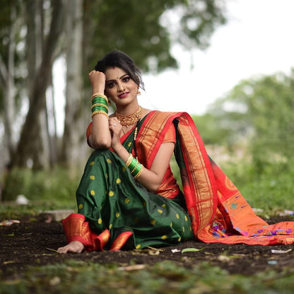 Vibrant Green Paithani Silk Saree with Elegant Golden Zari Accents