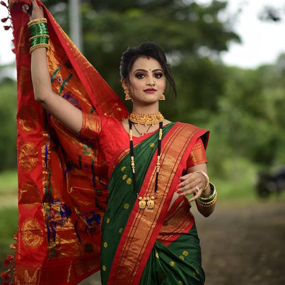 Vibrant Green Paithani Silk Saree with Elegant Golden Zari Accents