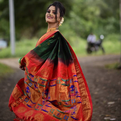 Vibrant Green Paithani Silk Saree with Elegant Golden Zari Accents