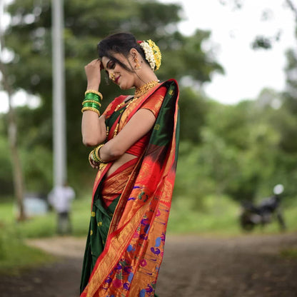 Vibrant Green Paithani Silk Saree with Elegant Golden Zari Accents