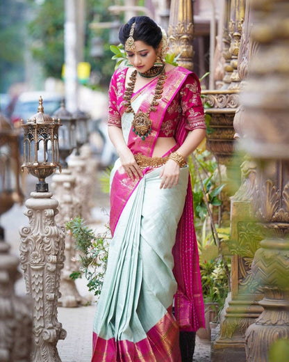 Graceful Charm: Traditional Saree with Vibrant Pink Border and Gold Zari Accents