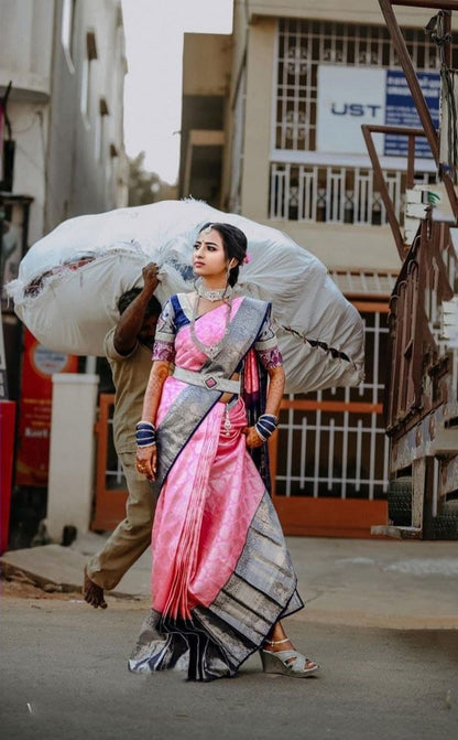 Graceful Pink Soft Silk Saree with Stylish Matching Kanjivaram Border