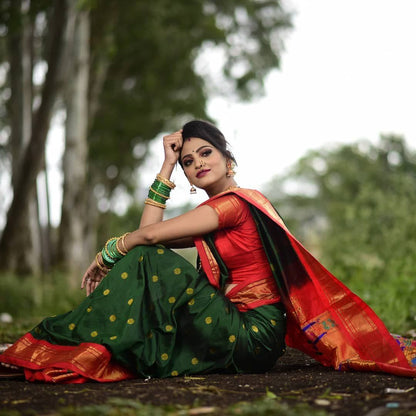 Vibrant Green Paithani Silk Saree with Elegant Golden Zari Accents