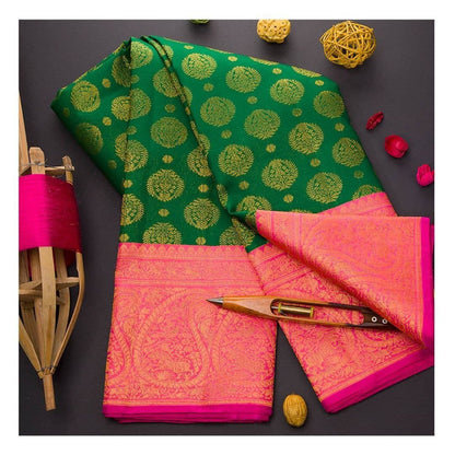 Vibrant Green Silk Saree with Radiant Pink Designer Border