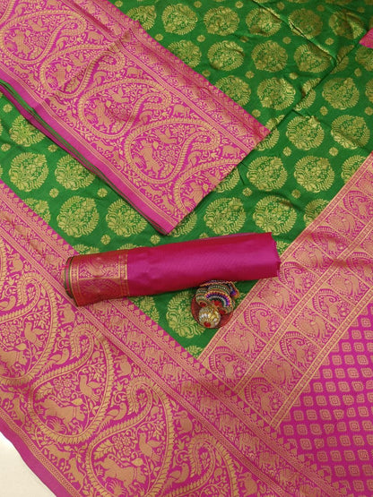 Vibrant Green Silk Saree with Radiant Pink Designer Border