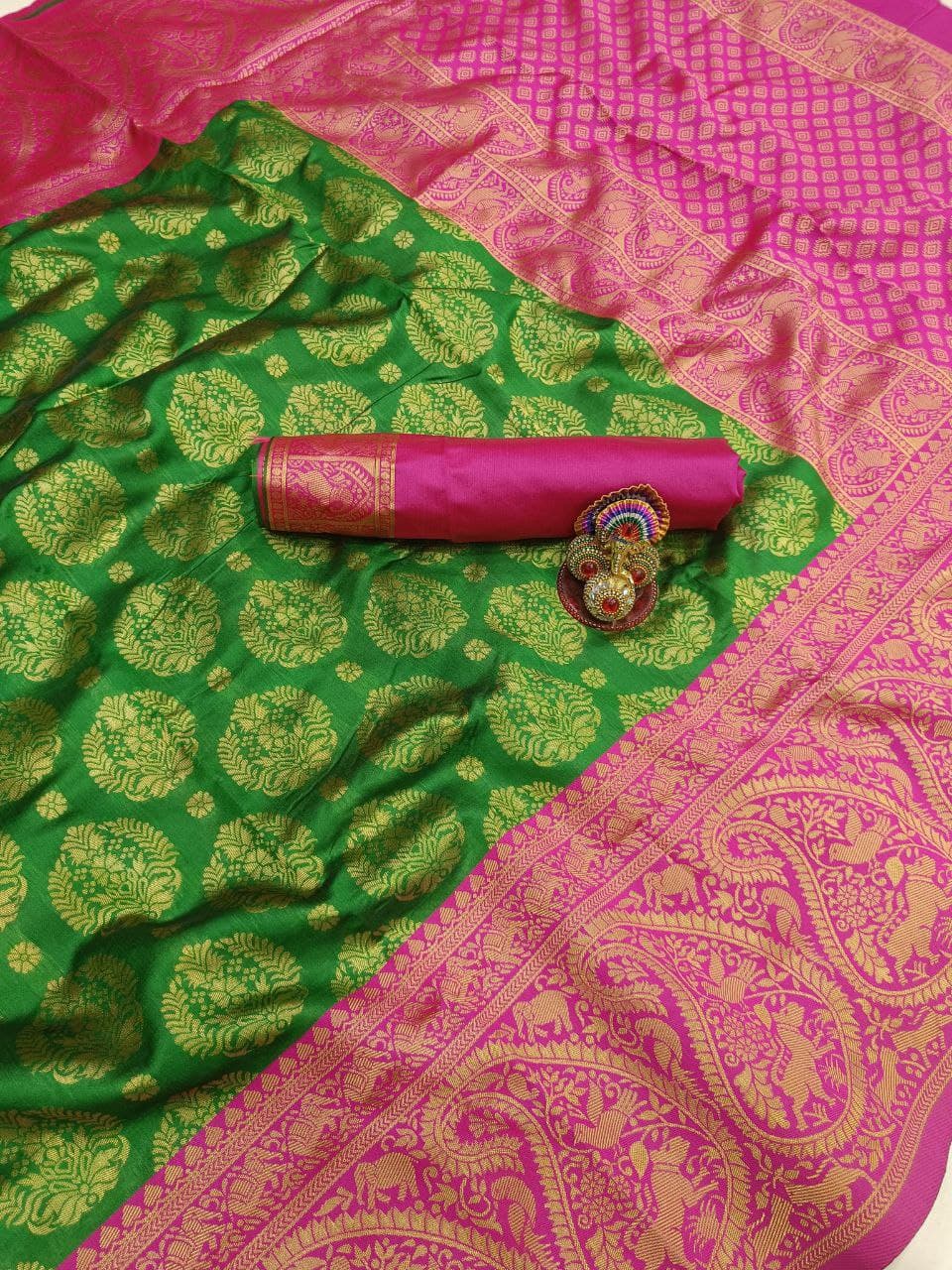 Vibrant Green Silk Saree with Radiant Pink Designer Border