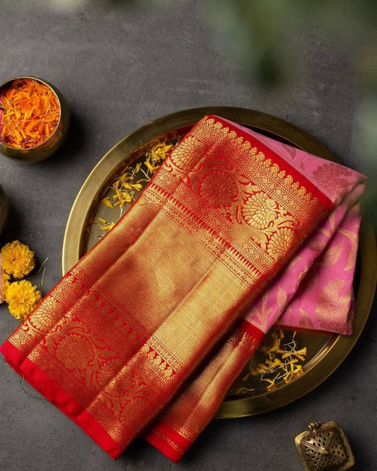 Luxurious Blush Pink Kanjivaram Saree with Unstitched Blouse