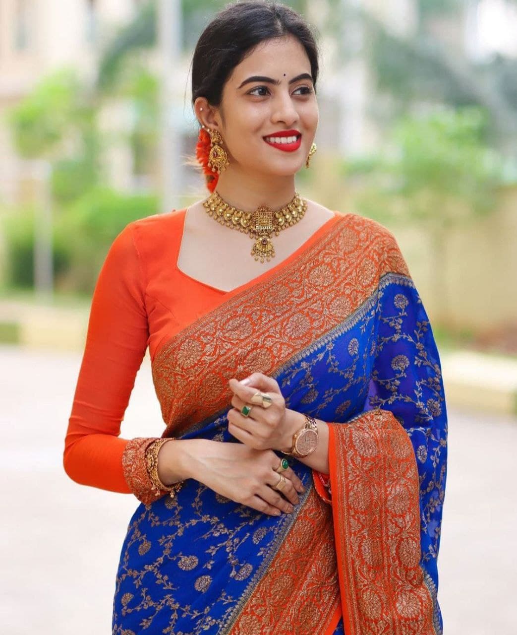 Elegant Blue Kanjivaram Silk Saree with Orange Border – Perfect for Festive Glam!