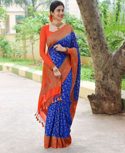 Elegant Blue Kanjivaram Silk Saree with Orange Border – Perfect for Festive Glam!