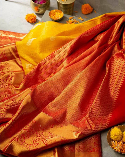 Traditional Yellow Soft Silk Kanjivaram Saree with Eye-Catching Matching Border