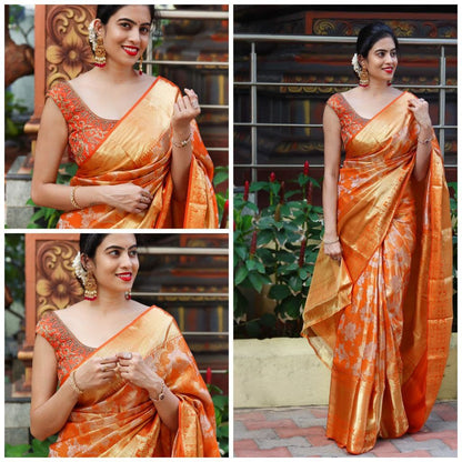 Vibrant Orange Silk Saree with Detailed Designs and Matching Border