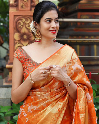 Vibrant Orange Silk Saree with Detailed Designs and Matching Border